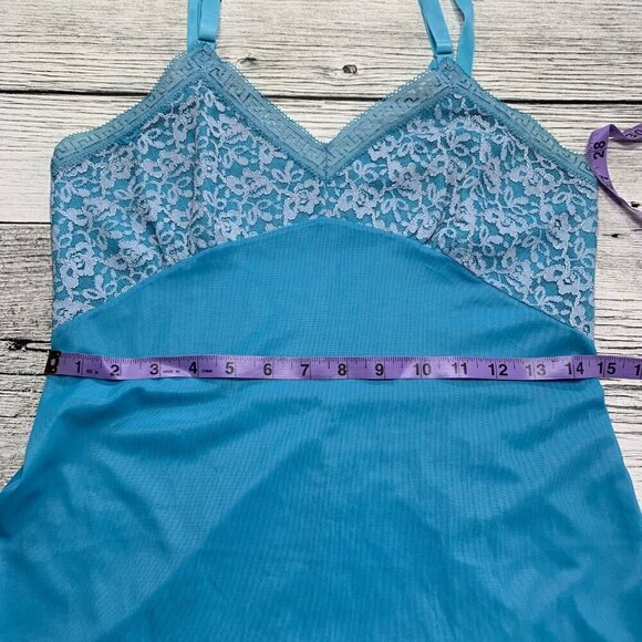 Vintage Slip Dress Medium Blue Satin Lace Babydoll Lingerie Nightgown - Picture 14 of 16